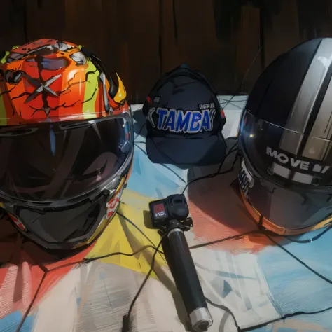 there are two helmets and a microphone on a blanket, helmets, helmet visor smashed, shot on gopro9, helmet instead of a head, without helmet, taken on go pro hero8, wearing helmet, helmet view, helmet, modern helmet, motorcycle helmet, helm, helmet removed...