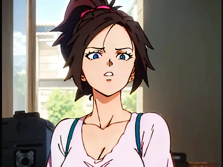 (masterpiece, best quality:1.2) 1girl, woman in her early 20s, pink shirt, face close-up, brown hair, ponytail, indoors, blue eyes, lipstick, looking at viewer, Shintani style
