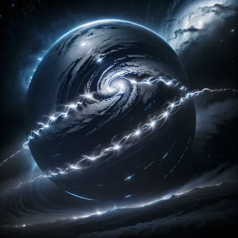 A planet with swirling bands of deep indigo and silver clouds, with flashes of electric-blue lightning storms visible from orbit, thick hydrogen-helium atmosphere with trace amounts of neon causing its silver glow, A massive permanent cyclonic storm.