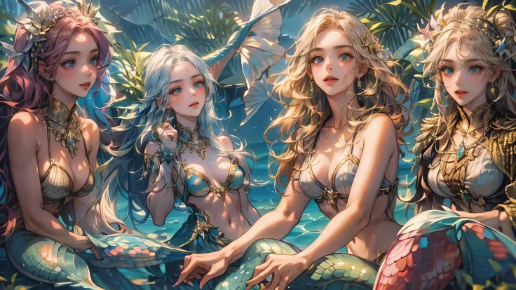 ultra-high-definition, photorealistic, five mermaids sitting together on a poolside, all with unique and exquisitely detailed mermaid tails featuring intricate patterns and shimmering scales, wearing beautifully crafted accessories like seashells and pearl...