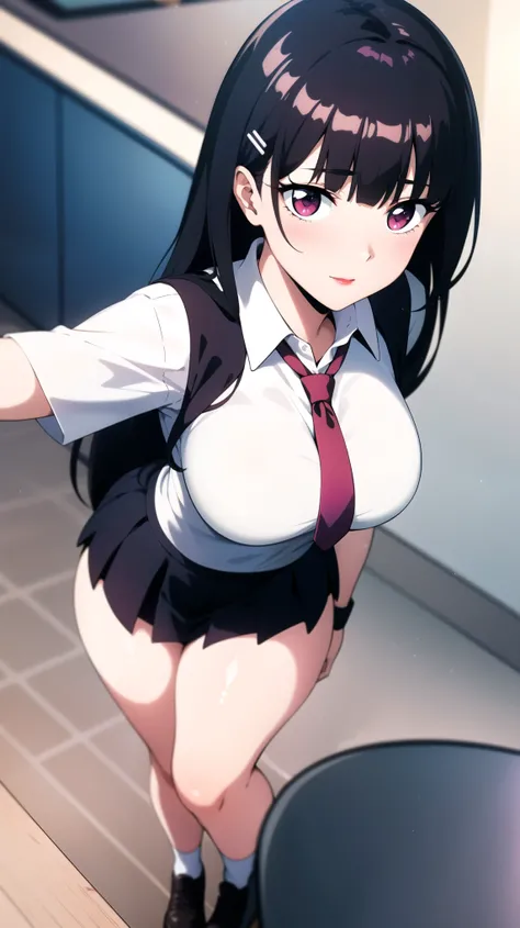 full body, school uniform, red tie, white shirt, blue sweater vest, pleated skirt, hair clip, hair ornament, red eyes, red lips, bangs, black hair, long hair,1 girl, 18yo, young female, slim body, curvy body, beautiful finger, Beautiful long legs, Beautifu...