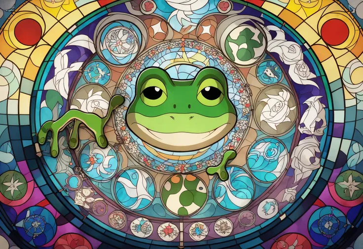 a close up of a  stained glass window with a Frog on it,  stained glass style,  stained glass art,  stained glass!!, Frog themed,  stained glass,  stained glass, psychedelic Frog,  inspired by Pascal Blanchet ,  inspired by {x} Georges Lacombe, green  stai...