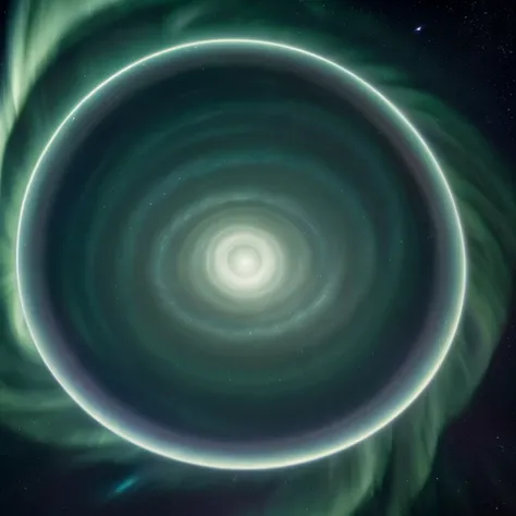 A planet Pale green glow with soft, misty rings encircling it. The surface appears smooth and frosted with hexagonal cloud formations at its poles.  Possesses auroras that shift from teal to lavender, the brightest of any known planet.