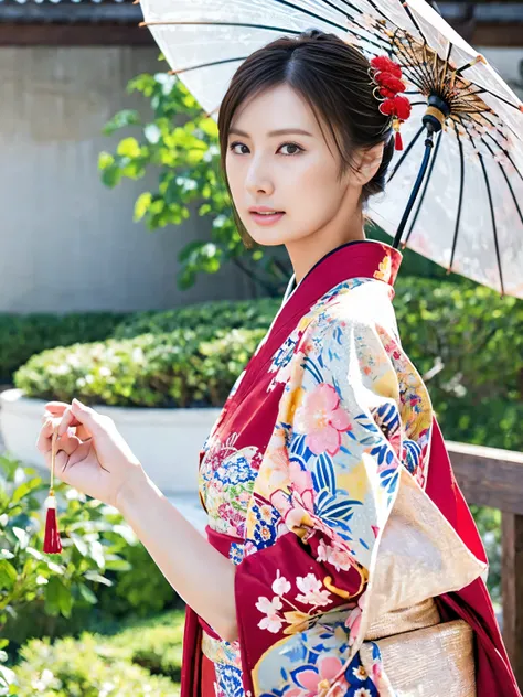 araffe asian woman in  kimono with umbrella and cherry blossoms,  Japanese  goddess, in  kimono,  Japanese  model, in a  kimono, beautiful  asian girl,  beautiful chinese model ,  asian girl, wearing  kimono, elegant  Japanese  woman,  kimono,  Japanese  w...