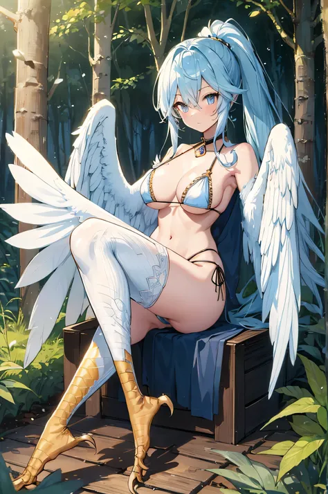 4K, high definition ,One Woman,Harpy, light blue hair, long ponytail,White Wings,Golden toenails, huge boobs ,Queen,black high leg bikini,Sideboob,Queenのティアラ,Jewelry decoration, in the woods