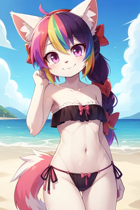 score_9,score_8_up,score_7_up, source_cartoon, source_furry, cat girl, (Rainbow colored hair, colorful hair), (messy, messy), long braid ponytail, furry, looking at viewer, smile, 1girl, furry female, cat tail, cat ears, small breasts, white body fur, ((bi...