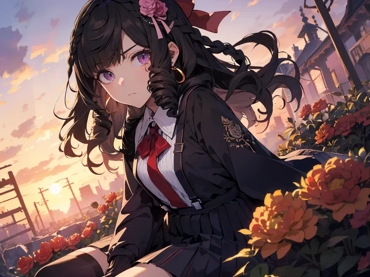 Solo, Girl, (Human Ears, Short Height, Flat Chest), (Ring Earrings), (Black Hair, Long Hair, Curly, Vertical Curls in Front of Bangs), (Flower Hair Ornament, Hair Tie Back with Big Red Ribbon), (Sitting Flat), (Scowling Face, Heavy Makeup), (Purple Clothin...