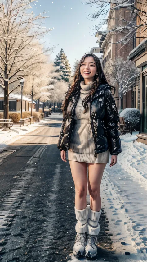 (Squint your eyes and laugh:1.5、 big smile when looking back)、(Winter Street Trees :1.5)、( realistic 、 as pictured 、live-action、8k,  realistic ,  RAW photo,  Max Image: 1.4),   SLR camera、 RAW photo,   top quality ,  realistic ,  High Definition CG Unity 8...