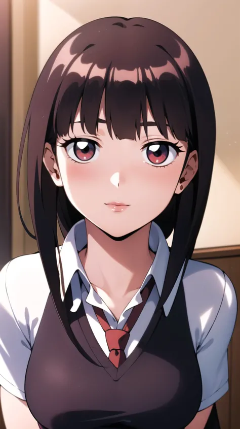 full body, school uniform, red tie, white shirt, blue sweater vest, pleated skirt, hair clip, hair ornament, red eyes:1.2, red pupils:1.2, red lips:1.2, bangs, brunette hair, black hair, long hair,1 girl, 18yo, young female, slim body, curvy body, beautifu...