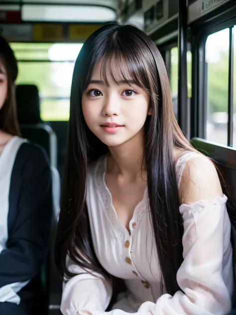 (Best-quality, Masterpiece, Ultra-High-Resolution, (Photorealistic:1.4), Raw Photo, depth of field, professional lighting), (1girl, ((14-years-old)), ((the most famous Japanese-idol)), sitting in bus, looking at viewer, (innocent smile)), ((extremely reali...