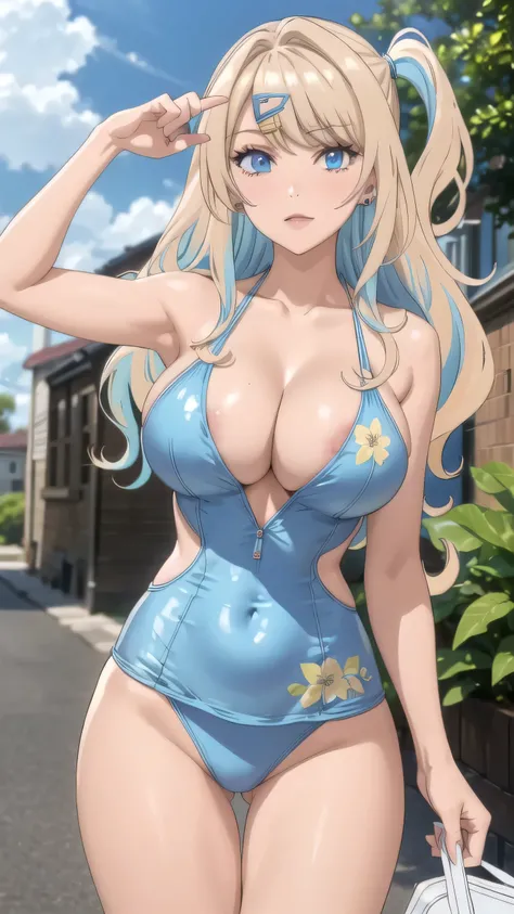 masterpiece, great quality, ultra detail, illustration, game cg, 1girl, solo, long hair, blonde hair, multicolored hair, bangs, one side up, hairclip, earrings, jewelry, gyaru, (large breasts:1.5), blue eyes, collarbone, cleavage, blush, slender waist, out...