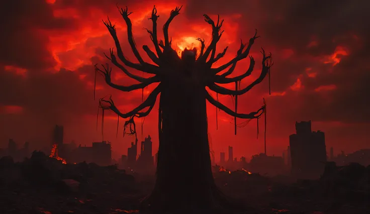 A terrible idol made of human hands. Hes bleeding. A cruel idol to the dark gods. Armageddon. the end of the world. horror. A crimson sunset, scarlet clouds in a black sky. The fire is burning. the ruins of the city. portals to hell