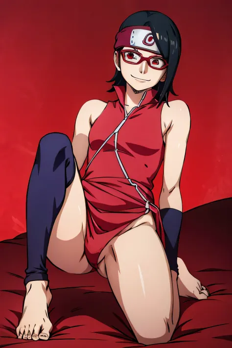 sarada uchiwa, mind control, barefoot, athletic body, glasse, evil face, evil smile