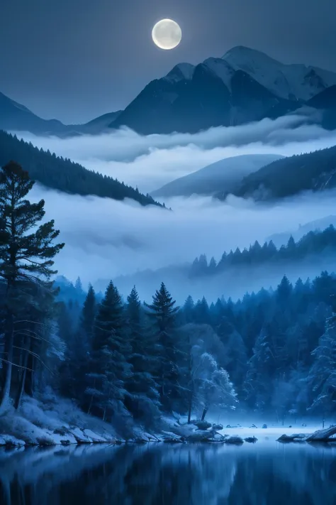 A serene landscape bathed in soft moonlight, with silvery lunar rays illuminating a misty forest or tranquil lake. Ethereal blue and silver tones dominating the color palette. Silhouettes of trees or mountains in the background. Moonlight casting gentle sh...