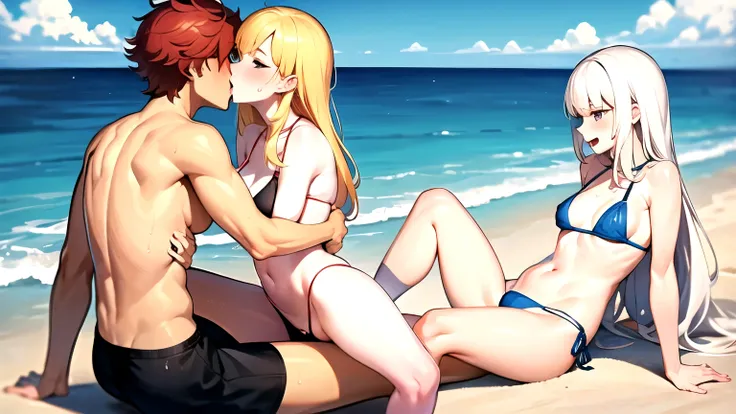 Three schoolgirls , ((on the beach)), swimwear, ((small female breasts)), ( slim body )), high school girls and one student in swimming trunks, kissing, ((NFS)),  The student lies in the sand, pressed by the red-haired schoolgirl,  the second schoolgirl pu...