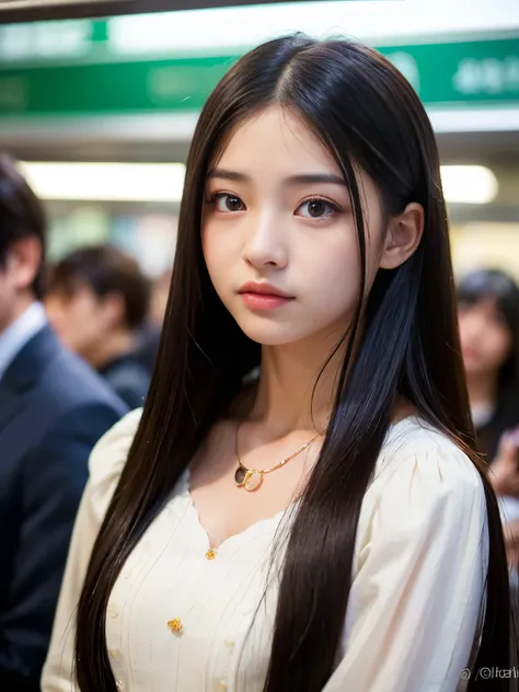 (Best-quality, Masterpiece, Ultra-High-Resolution, (Photorealistic:1.4), Raw Photo, depth of field, professional lighting), (1girl, ((14-years-old)), ((the most famous Japanese-idol)), standing in crowded-train), ((extremely realistic loveliest-baby-face))...