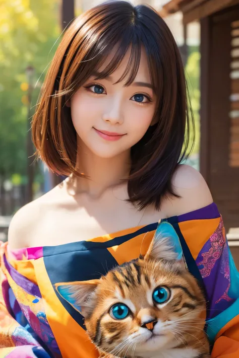 猫の絵 with a colorful face and eyes, Beautiful art,  super real , 4k Paintings ,  colorful and detailed, Cute eyes,  big eyes on left jaw, Lucky cat,  hand in the den forward, brown, smile,