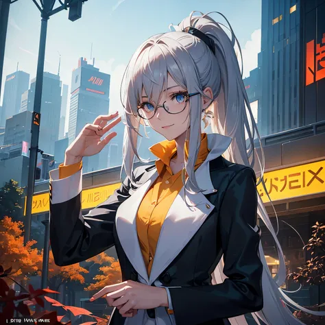 An anime-style portrait of a beautiful silver-haired scientist with her hair tied into a sleek ponytail, her radiant blue eyes glowing with intelligence and a mischievous gleam. She wears elegant thin-rimmed eyeglasses that reflect the soft autumn light. H...