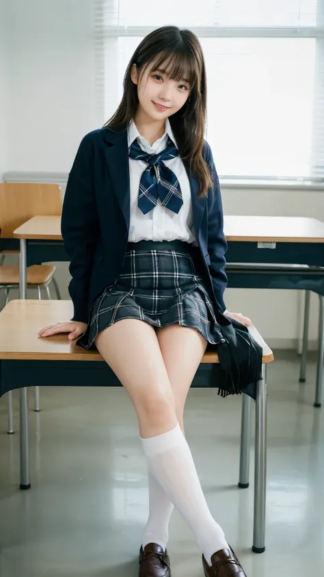 (Highest quality, 4K, 8k, High resolution, masterpiece, Genuine, Realistic, Realistic:1.3), (upper body), Girl sitting on the school desk in classroom, blue neckerchief Uniform, Dark Blown Blazer, blown plaid skirt, Gal Makeup, wearing oversize dark sweate...