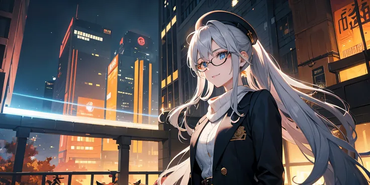 An anime-style portrait of a beautiful silver-haired scientist with her hair tied into a sleek ponytail, her radiant blue eyes glowing with intelligence and a mischievous gleam. She wears elegant thin-rimmed eyeglasses that reflect the soft autumn light. H...