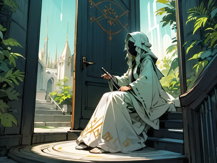 sideview,Alone,(Nazgul+),orange geometric design robe, Woman in a White Blouse and Tight Skirt Sitting on the Stairs 、Plants、 Fantastic Scenery 、Door to another world、Aurora Revolution,(manga style),(sketch),(illustration),