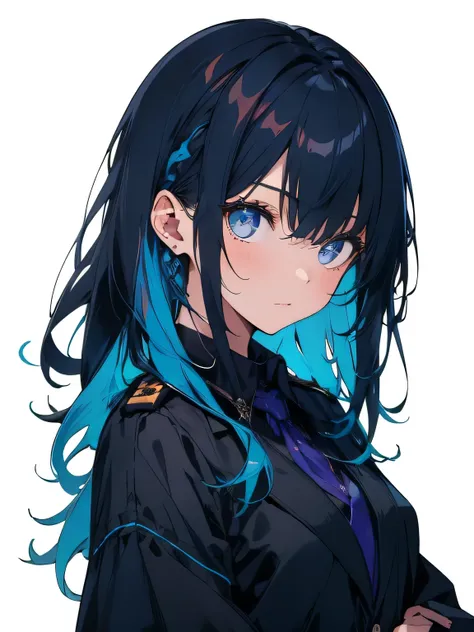 masterpiece,  high detail,  super resolution,  1 girl in uniform, Alone,  standing,  upper body, Face only, close-up,  aqua hair, Aqua Eyes, , (Colored inner hair, Dark blue hair:1.2),  long hair,  long hair， wave hair, Hime Cut, Curly Hair, side locks,  b...