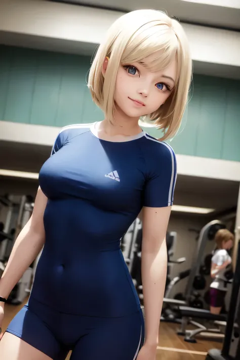  Beautiful girl with short, straight hair, blue eyes , blond hair ,  dressed in sportswear, watching the spectator smiling inside a gym, anime,  anime girl image