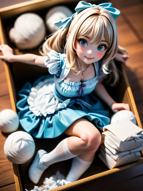 midjourney, ( top quality、8k、 super high resolution、masterpiece:1.2)、Original photo、Ultra-detailed、( real、Realistic)、( photo-realistic :1.37)、 angle from below、(wide shot:1.6)、( A cute doll girl jumping out of the wooden box:1.3)、 1 girl in uniform、(( beau...