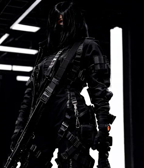 Photograph of an attractive gothic woman standing confidently next to a sleek black Dodge Hellcat sports car in a futuristic cyberpunk city. She is wearing tactical combat gear, including a detailed harness with multiple straps, black tactical pants with o...