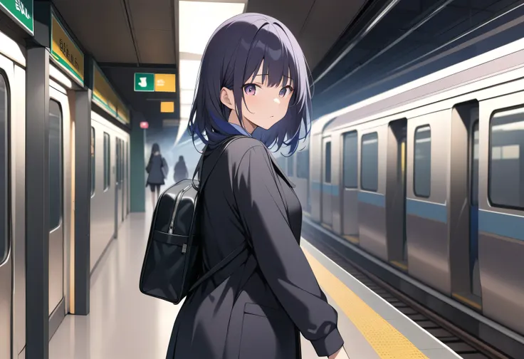 top quality, Excellent quality, high quality, absurdres, Girl standing at subway station,JK,