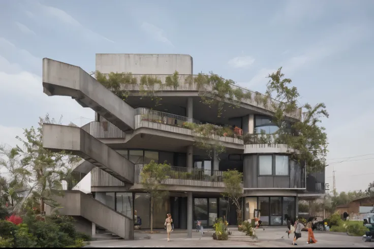 modern architecture. Iron railing, painted concrete, street scene