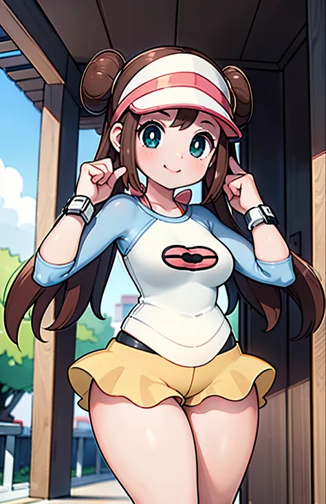 (best quality, highres, masterpiece:1.2), ultra-detailed, realistic:1.37, sketches, rosa pokemon, def1, teenage girl, sexy pose, curvy, visible thighs, chubby thighs, thick thighs, thighs in the foreground, body shape, smile, encanto femenino, sexy, cute f...