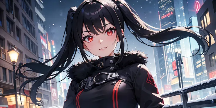 An anime-style portrait of a stunning businesswoman with sleek black hair styled into elegant twin tails, framing her sharp and captivating red eyes that shimmer with a mischievous glint. She wears a sophisticated winter jacket with a high collar, detailed...