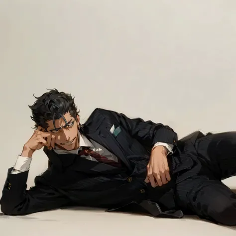 arafed man in a suit laying on the floor with his hand on his head, wearing a pinstripe suit, wearing a worn out suit, in his suit, pinstripe suit, photoshoot, he is wearing a suit, declan mckenna, promo shot, wearing a suits, promotional photoshoot, for g...