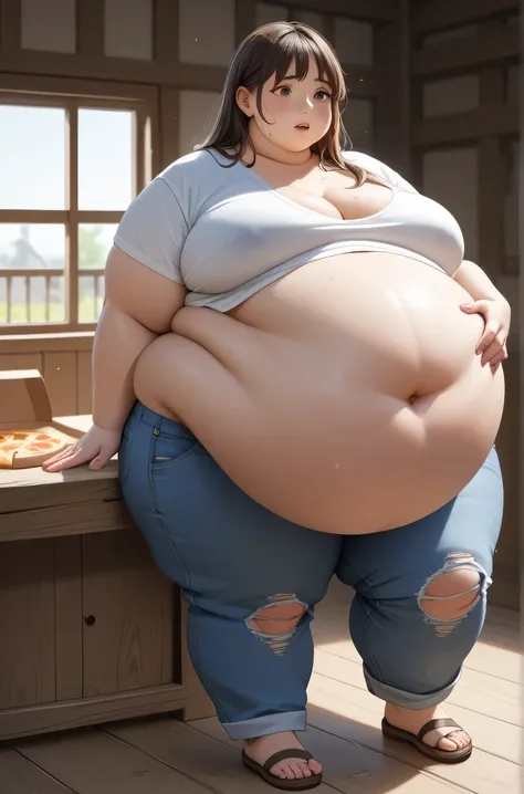 a very perfectly round xxxxxxxl size belly huge overhang obese, fat, and chubby woman who shirt is ripped so much because of her huge stomach that consumes the entire house the size of a house and cant stop bloating and her bloating was so bad that her sto...