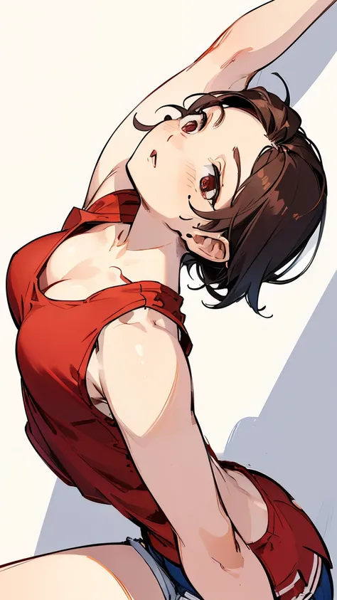 Healthy woman, ((Worn and stretched out red tank top: 1.2)), leaning forward, ((Close to the viewer: 1.2)), ((White micro mini shorts: 1.2)), ((Breasts pressed together)), colored pencil drawing, art, illustration, ((Looking up)), ((Spoiled expression)),