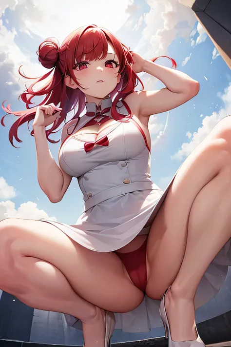 oung sorceress with RED updo hair, white dress,(panty shot), (((photo taken from below))),(mini-skirt), strong winds,raise one leg,invoke magic,arena,Serious expression,(spreading legs),(((squat)))