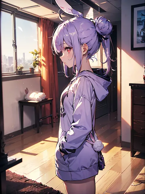  realistic, top quality,  ultra detail,  LONG PONYTAILS ,  THE MOST DELICATE AND BEAUTIFUL , Floating softly,  high definition , ( 1 girl ), ( Max Image,4K,8k,masterpiece:1.2), ( light purple hair:1.5),(Rabbit ears:1.5),( bun hair:1.3),( red eyes:1.5),(Whi...