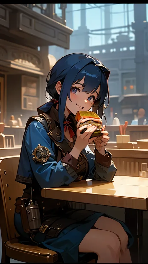 Steampunk world、A 30-year-old steampunk girl eating a hamburger in a modern cafeteria decorated in blue and red tones. She is happy,  camera .  super detailed, photograph.  