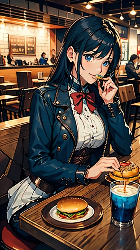 Steampunk world、A 30-year-old steampunk girl eating a hamburger in a modern cafeteria decorated in blue and red tones. She is happy,  camera .  super detailed, photograph.  