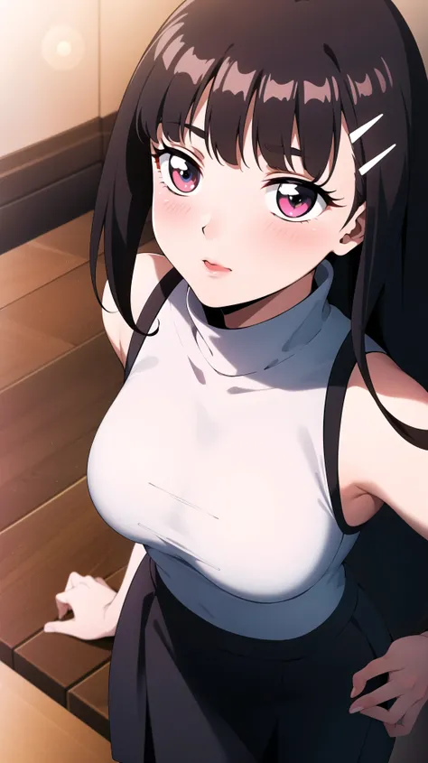 full body, portrait, white turtleneck sweater vest, long black skirt, hair clip, hair ornament, red eyes:1.5, red pupils:1.5, red lips:1.2, bangs, brunette hair, black hair, long hair,1 girl, 18yo, young female, cute, blush, slim body, curvy body, beautifu...
