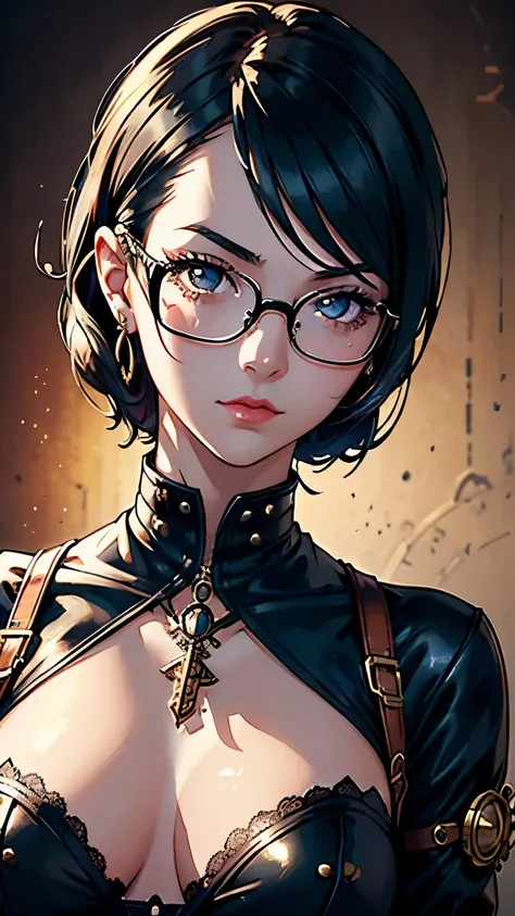 Steampunk world、Steampunk Girls .  black hair, Glasses,  stud earrings ,  vintage ,  feminine, 8k, masterpiece,  top quality, Excellent details) , ( high saturation , Best Shadow, The best light, Very delicate bleaching) Dark style