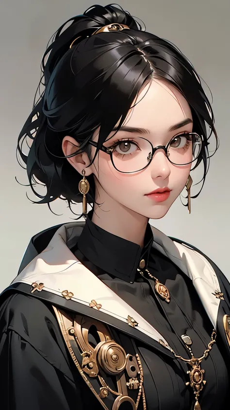 Steampunk world、Steampunk Girls .  black hair, Glasses,  stud earrings ,  vintage ,  feminine, 8k, masterpiece,  top quality, Excellent details) , ( high saturation , Best Shadow, The best light, Very delicate bleaching) Dark style