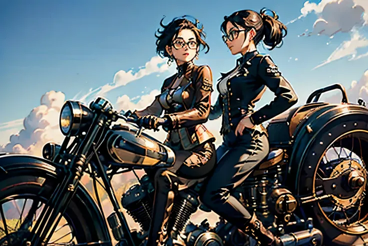 Steampunk world、Steampunk Girls . (Ride a steam engine flying motorcycle:1.2)、 black hair, Glasses,  stud earrings ,  vintage ,  feminine, 8k, masterpiece,  top quality, Excellent details) , ( High Saturation, Best Shadow, The best light, Very delicate ble...