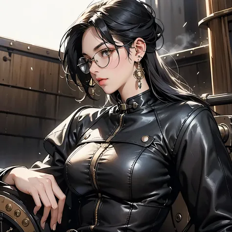 Steampunk world、Steampunk Girls . (Ride a steam engine flying motorcycle:1.2)、 black hair, Glasses,  stud earrings ,  vintage ,  feminine, 8k, masterpiece,  top quality, Excellent details) , ( high saturation , Best Shadow, The best light, Very delicate bl...