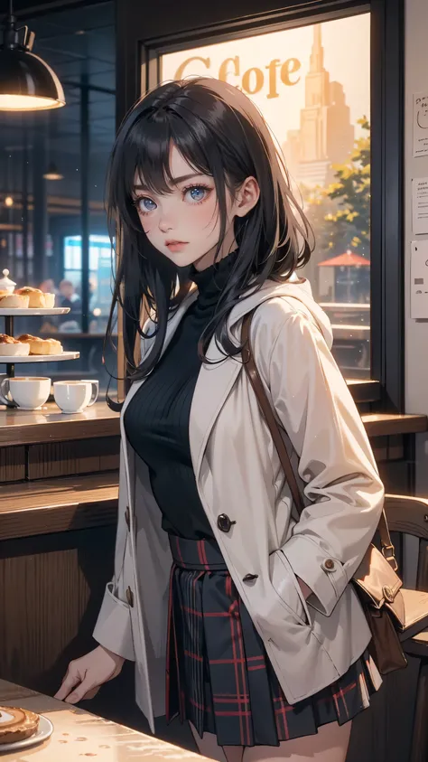 " Detailed illustration of a young girl sting in front of a cozy coffee shop.  she has long Black hair and gray eyes 、  wears a black turtleneck  ,  red skirt  , 、large plaid coat  .  coffee shop behind her  、  warm lighting with visible signs  . the mood ...