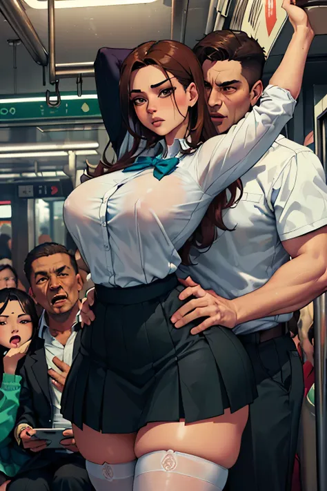 (((grope/ chikan/ train molester))), (SFW), ((photorealistic)), (masterpiece), (best quality:1.3), absurdness, [:intricate details1.3], SFW, realistic, masterpiece, (((VERY crowded subway train interior detailed scenario, VERY crowded subway train interior...