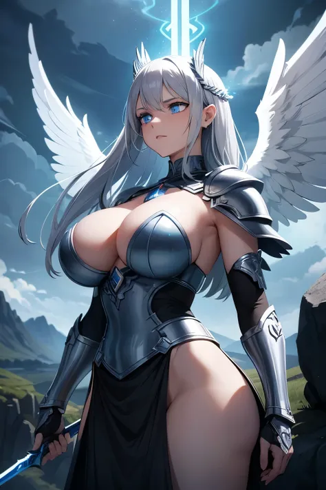 {
  "prompt": "A dramatic fantasy illustration focusing on the protagonist, selina, a valkyrie with shoulder-length silver hair, piercing deep blue eyes, and radiant white angelic wings. She wears intricately designed silver armor that gleams with divine l...