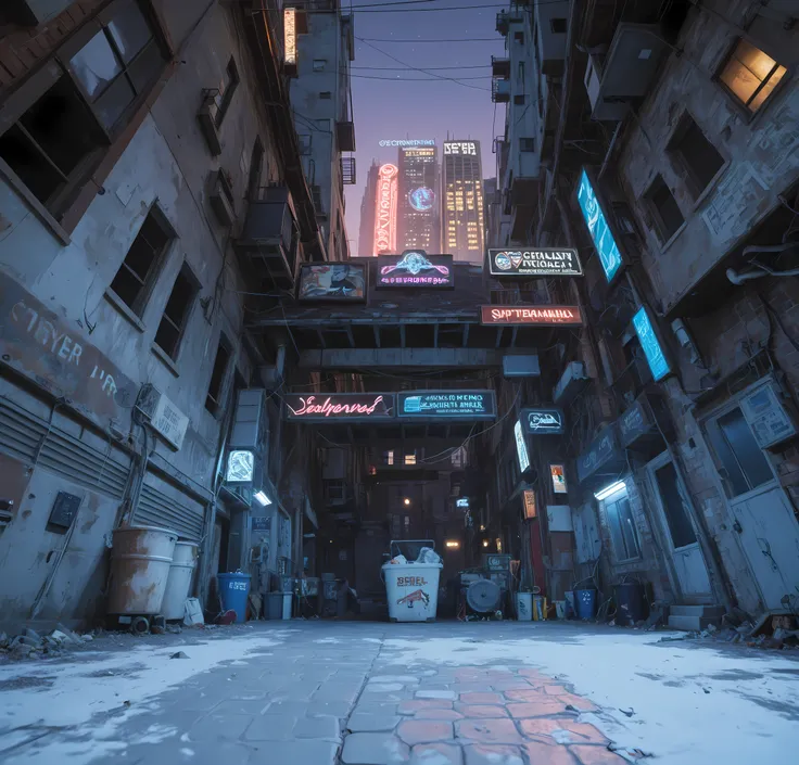 Looking up, the camera is close to the ground, cyber style, cyber night, alley with neon lights at night, low-lying ground, realistic ground texture, complete ground, abandoned low buildings on both sides of the picture, dilapidated low buildings, pipes an...