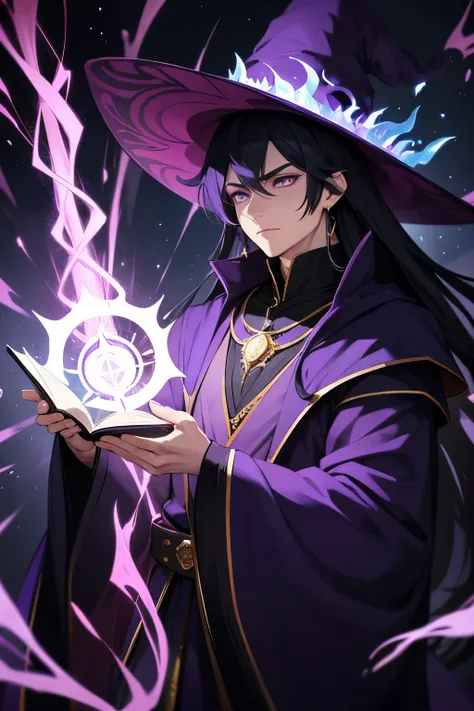 A mysterious and powerful mage with striking black bobbed hair and piercing eyes. He wears a tall, pointed purple hat, adding a sense of intrigue and magical authority. His attire consists of a flowing purple robe, adorned with intricate golden embroidery ...